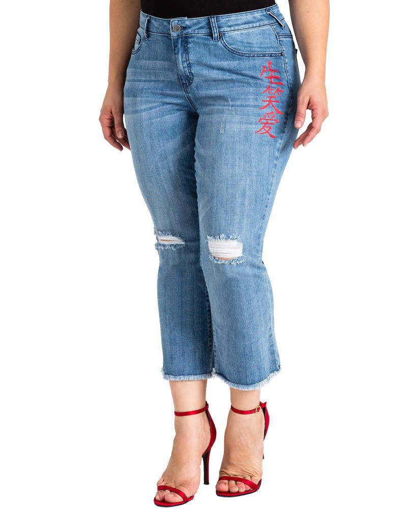 Front of a model wearing a size 14 Briella Distressed Cropped Jeans in Blue by Standards & Practices. | dia_product_style_image_id:275706